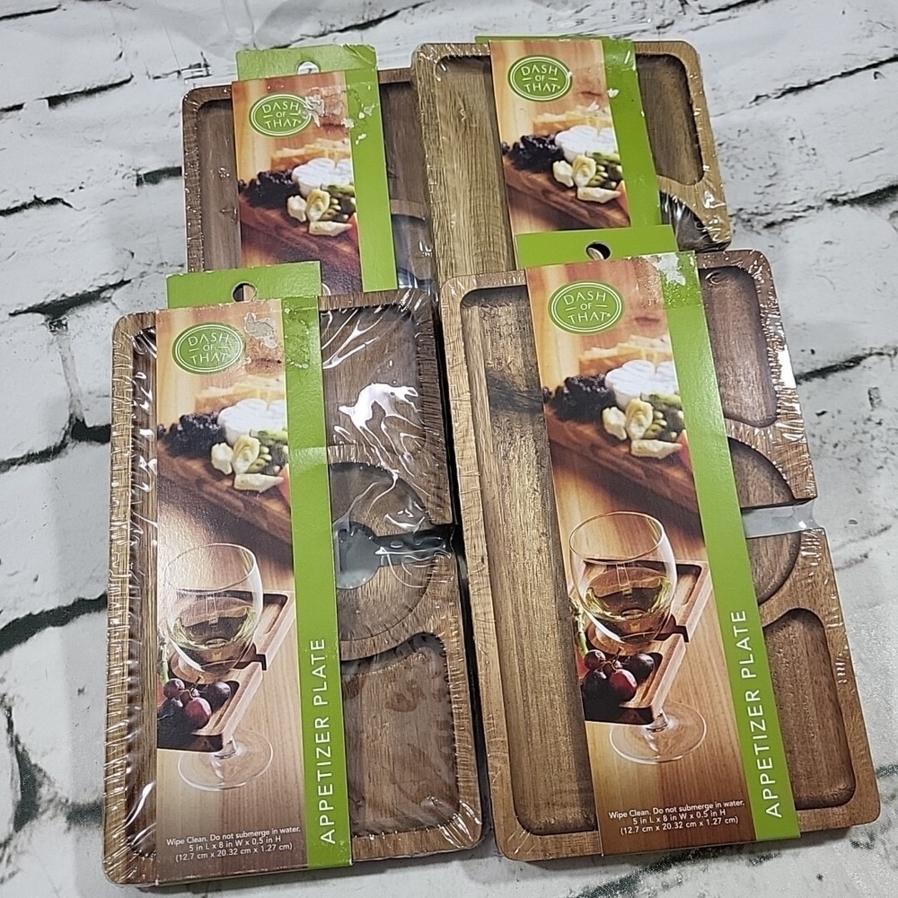 Dash Of That Appetizer Plates With Wine Glass Slot Acacia Wood Lot Of 4 NEW